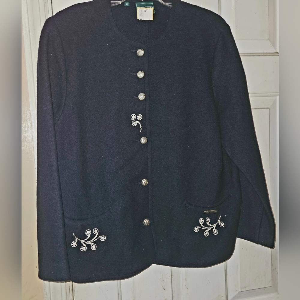 Vintage Womens Geiger Austria Wool Navy Blue/white Floral Cardigan